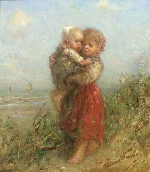 A girl holding a baby in the dunes Oil Painting by Elchanon Verveer