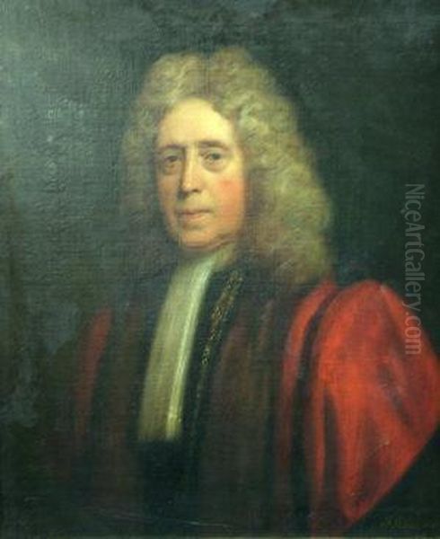 Portrait Of A Gentleman 
Traditionally Held To Be Sir John Shorter, Quarter-length In A Red Coat,
 Feigned Vignette Oil Painting by Sir Godfrey Kneller