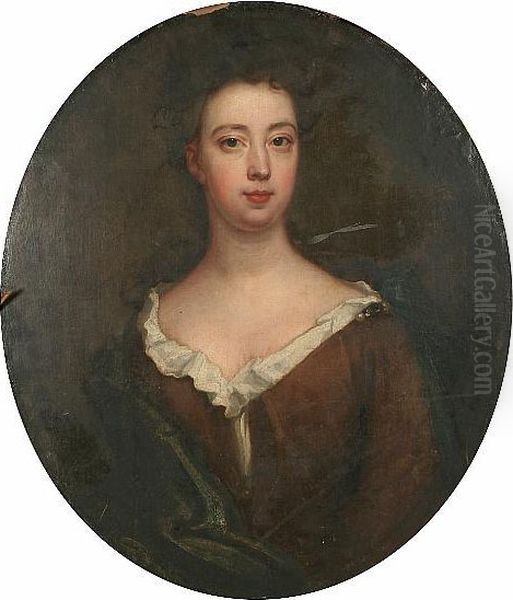 Portrait Of A Lady, Half Length, Wearing Brown Dress Oil Painting by Sir Godfrey Kneller