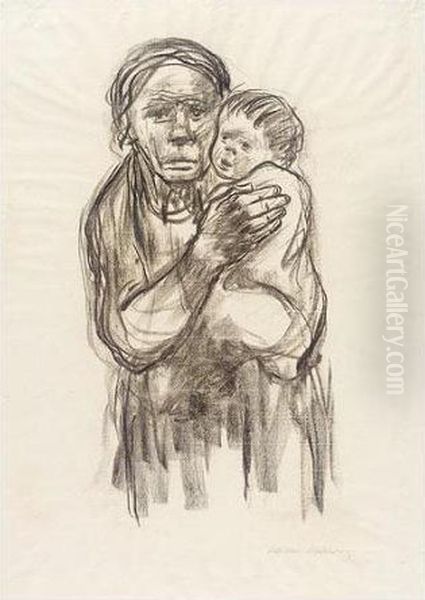 Mutter Mit Kind Auf Dem Arm (mother With Child In Her Arms) Oil Painting by Kathe Kollwitz