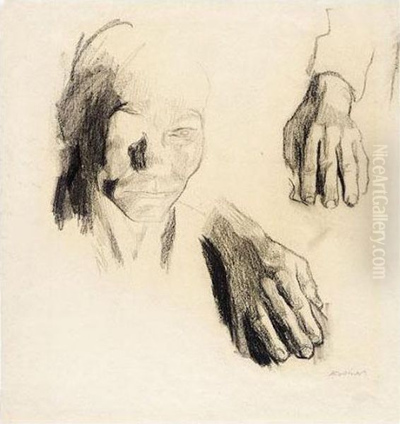 Kopf- Und Handestudien (study Of Head And Hands) Oil Painting by Kathe Kollwitz