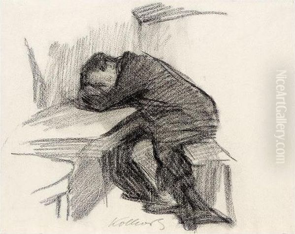 An Einem Tisch Sitzender Mann, 
Arme Und Kopf Aufgelegt Schlafend (man Seated At A Table, Sleeping With 
His Head On His Arms) Oil Painting by Kathe Kollwitz