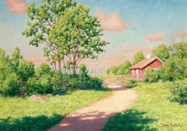 Landscape With A Red Cottage Oil Painting by Johan Krouthen