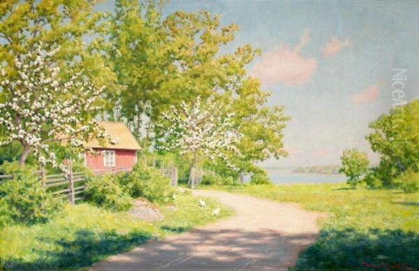 Landscape With Hens Oil Painting by Johan Krouthen