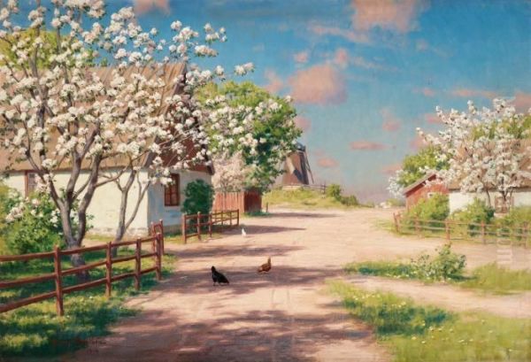 Chickens On A Village Road Oil Painting by Johan Krouthen