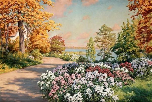 Garden With Flowers Oil Painting by Johan Krouthen