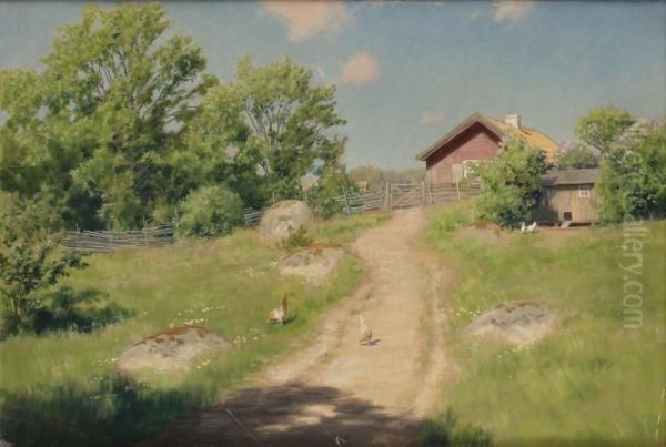 Sommarlandskap Med Pickande Hons Oil Painting by Johan Krouthen