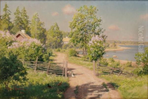 Sommaridyll Med Pickande Hons Oil Painting by Johan Krouthen