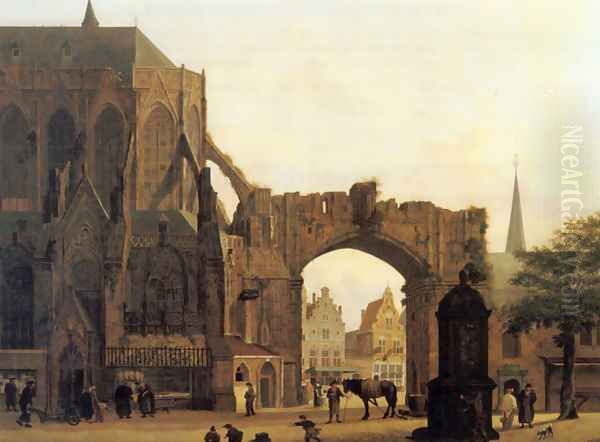 Figures Near a Church Oil Painting by Jules Verheyen