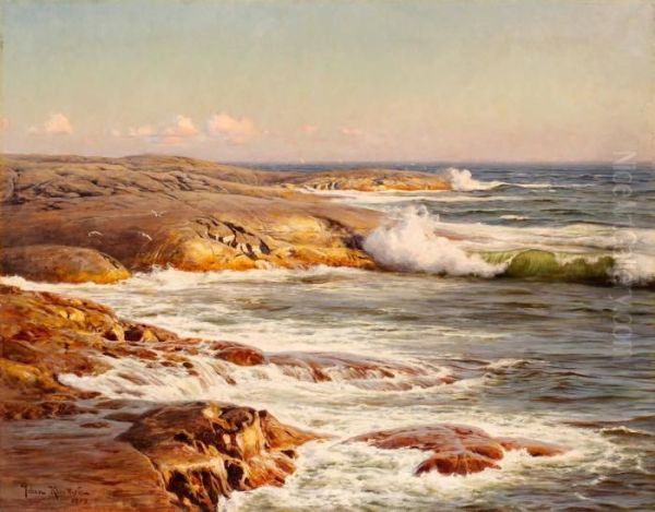 Marstrand - Taudden I Kvallssol Med Seglare Vid Horisonten Oil Painting by Johan Krouthen