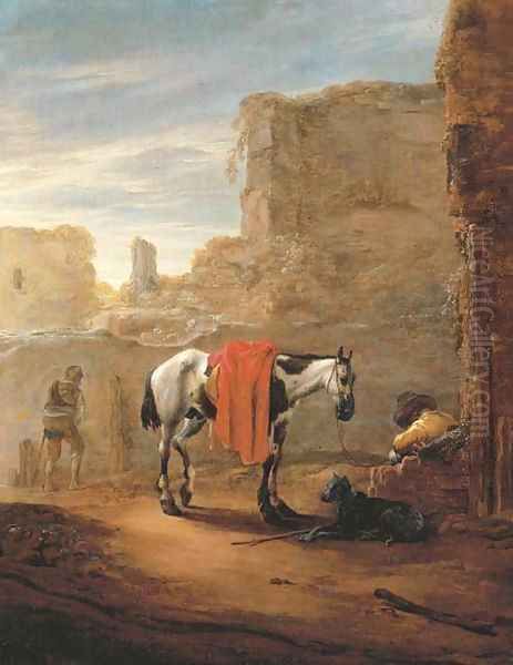 A horse and traveller resting on a road with ruins beyond Oil Painting by Pieter Cornelisz. Verbeeck