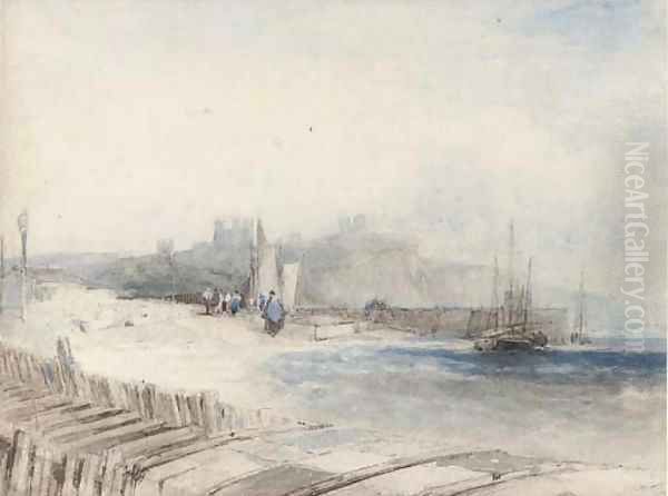 Fisherfolk on the shore below Dover Castle Oil Painting by Alfred Gomersal Vickers