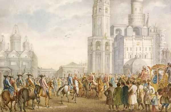 Imperial procession inside the Kremlin with the Ivan the Terrible Belfry and the Cathedral of the Assumption beyond Oil Painting by Jean Louis de Veilly