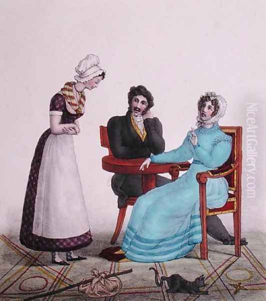 And above all else, be good, caricature of a couple talking to their maid before she leaves, c.1820-30 Oil Painting by Villain