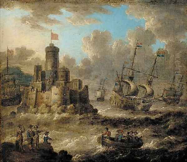 Dutch men-o'-war in choppy seas near an island fort Oil Painting by Petrus van der Velden