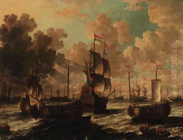 Dutch men-o'-war in choppy waters Oil Painting by Petrus van der Velden