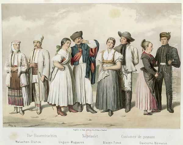 Costumes of Peasants from (L to R) Romania, Hungary, Slovakia and Germany, from 'Esquisses de la Vie Populaire en Hongroie by Gabriel de Pronay, 1855 Oil Painting by H. Veber