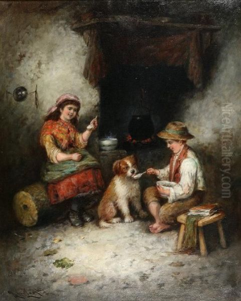 Cottage Interior With Young Girl And Boy Feeding A Dog Oil Painting by Mark W. Langlois