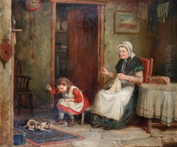 Cottage Interior With Young Girl
 Playing With A Kitten And A Lady Sewing Seated By A Table Oil Painting by Mark W. Langlois