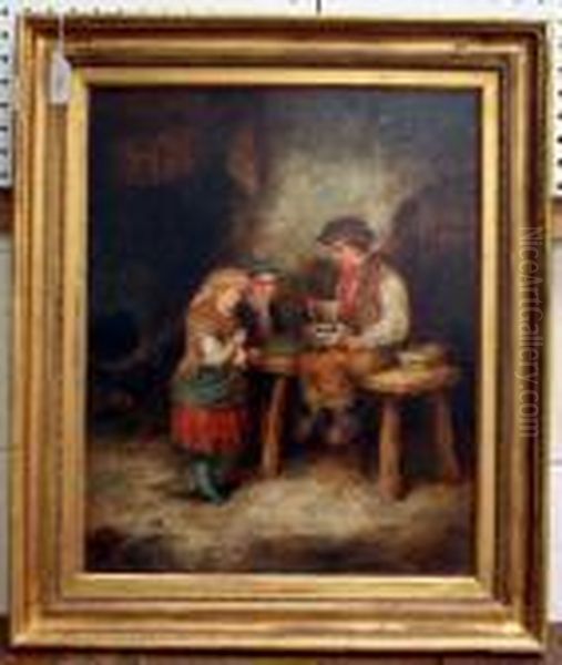 Boy Feeding Chicks In A Nest Beside Two Other Children Oil Painting by Mark W. Langlois