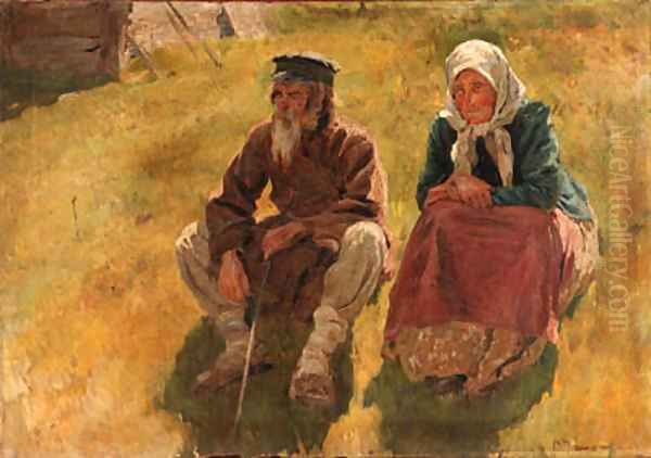 Old Russian peasant Couple at rest Oil Painting by Sergey Arsenievich Vinogradov