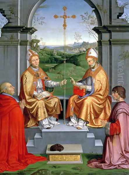 St. Thomas a Becket and St. Martin of Tours with Archbishop Giovanni Pietro Arrivabene and Guidobaldo da Montefeltro, Duke of Urbino Oil Painting by Timoteo Viti