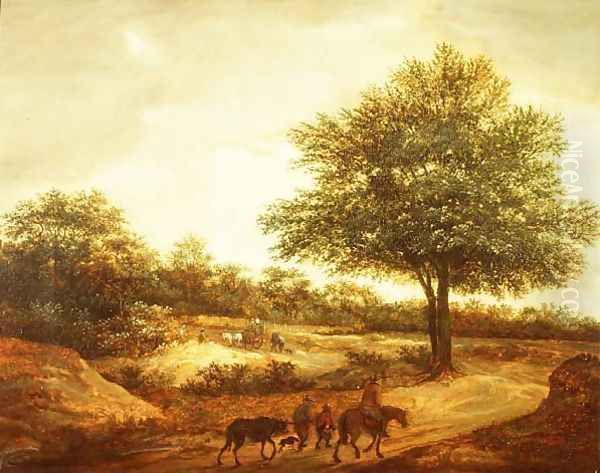 A wooded landscape with travellers on a path, a cottage beyond Oil Painting by Guillam de Vos