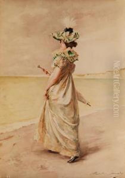 Junge Dame Mit Sonnenschirm Amstrand Oil Painting by Madeleine Jeanne Lemaire