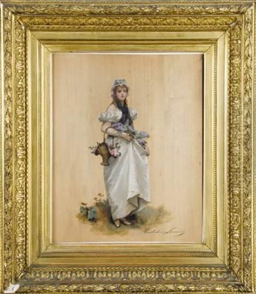 Jeune Femme Portant Un Panier A Fleurs Oil Painting by Madeleine Jeanne Lemaire