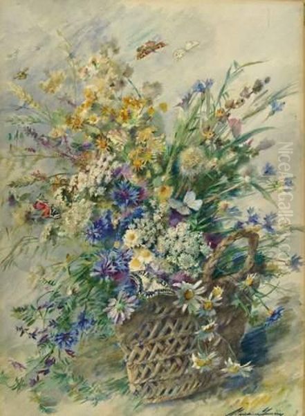 Korb Mit Wiesenblumen Und Zwei Schmetterlingen Oil Painting by Madeleine Jeanne Lemaire