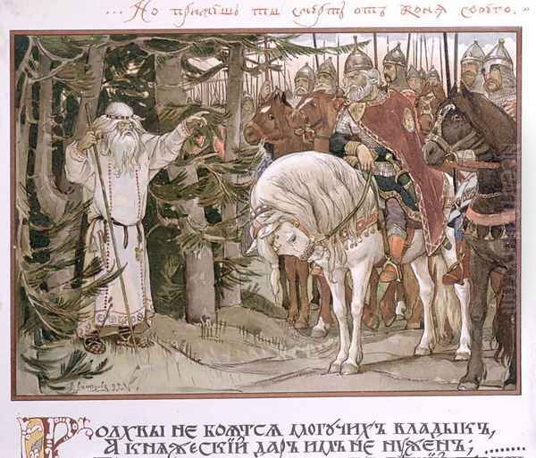 Prince Oleg (d.c.912) meets the soothsayer who prophesizes that his horse will be the cause of his death, illustration from The Song of Oleg the Wise. 1899 Oil Painting by V. Vaznetzov