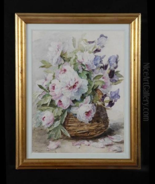 Still Life With Peonies And Iris Oil Painting by Madeleine Jeanne Lemaire