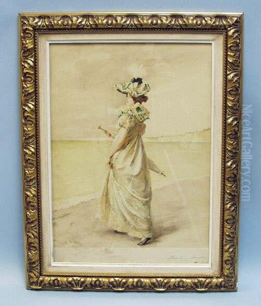 Ladyin Belle Epoque Costume At The Sea Shore Oil Painting by Madeleine Jeanne Lemaire