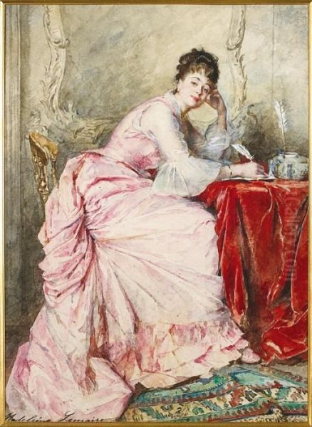 Jeune Femme A La Robe Rose Ecrivant. Oil Painting by Madeleine Jeanne Lemaire