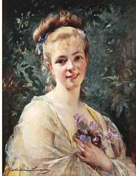 < Portrait Aux Lilas Et Pensees >. Oil Painting by Madeleine Jeanne Lemaire