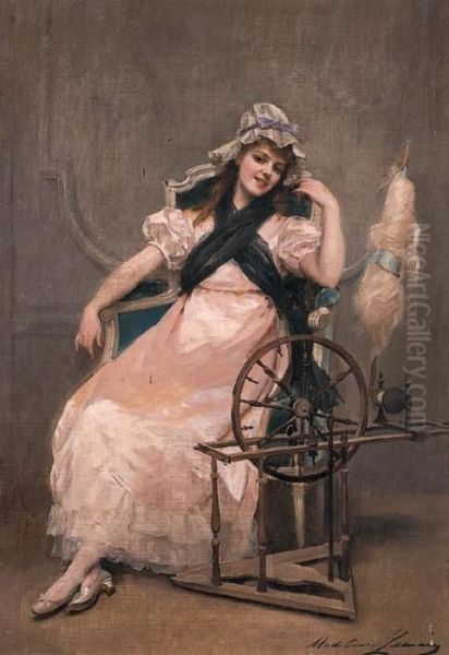 A Young Beauty At A Spinning Wheel Oil Painting by Madeleine Jeanne Lemaire