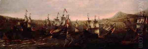 An Action between Spanish Ships and Barbary Galleys in a Mediterranean Harbour Oil Painting by Jacob Feyt de Vries