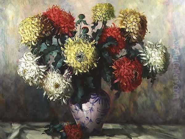 Chrysanthemums in a blue and white china vase Oil Painting by H.G. Vockwein