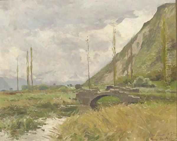 A river landscape with a stone bridge and hills beyond Oil Painting by Pierre Vauthier