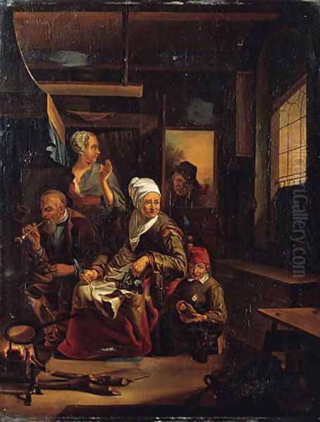 An old woman baking pancakes on an open fire, an old man smoking a pipe and a child nearby, in a kitchen Oil Painting by Cornelius de Visscher