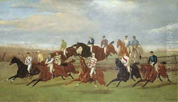 The Leading Amateur Steeplechase Jockeys Of The Day In An Imaginary Race Oil Painting by George Veal