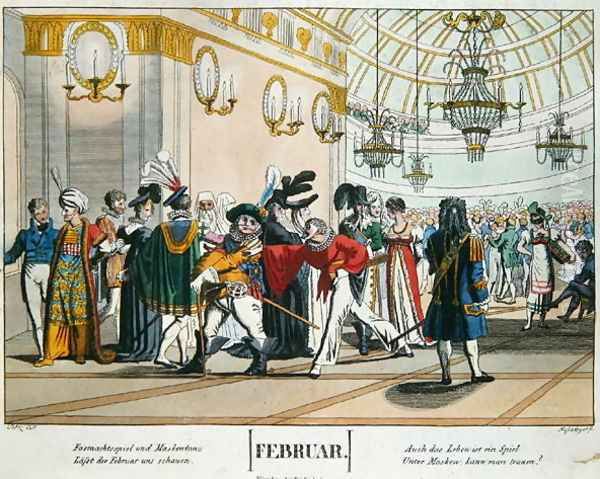 Shrovetide Masked Ball, calendar illustration for February, published in Nuremberg, c.1830 Oil Painting by Voltz, Johann Michael