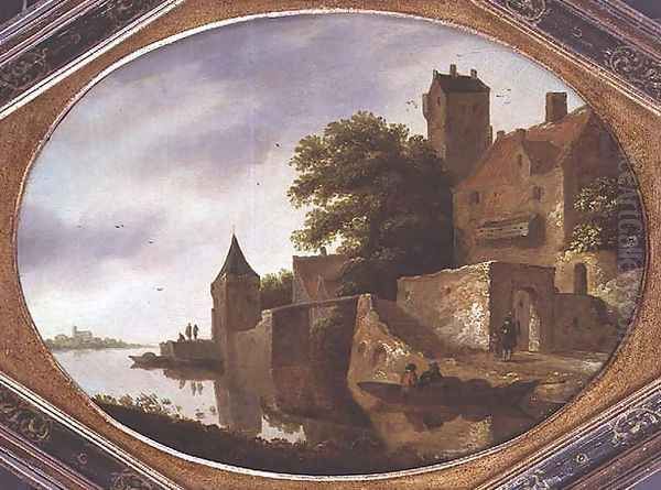 Landscape with a fortified manor house Oil Painting by Roelof van Vries