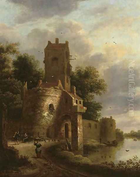 A river landscape with peasants and travellers on a path before a fortified tower Oil Painting by Roelof van Vries