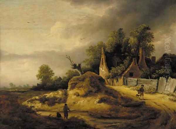 A cloudy landscape with a father and son fishing in a pond near a cottage Oil Painting by Roelof van Vries