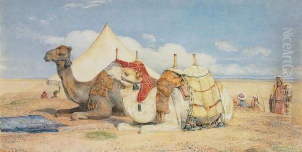 Camels In The Desert Near, Edfou, Upper Egypt Oil Painting by John Frederick Lewis