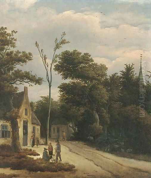 A wooded landscape with villagers conversing by a track Oil Painting by Roelof van Vries