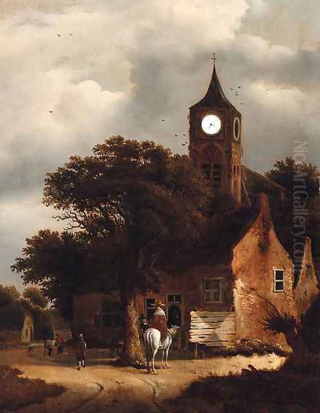 Travellers at an inn on the outskirts of a village, a church beyond Oil Painting by Roelof van Vries