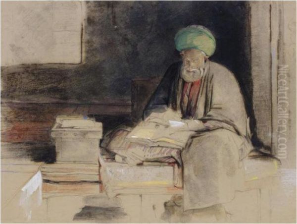 An Arab Reading Oil Painting by John Frederick Lewis