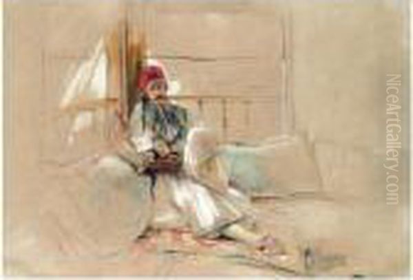 A Corfiot Warrior Reclining Oil Painting by John Frederick Lewis